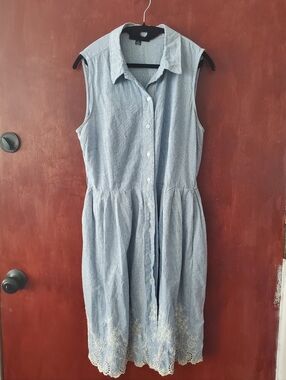 Sharagano Light Blue Sleeveless Button-Front Midi Dress with Embroidered Hem